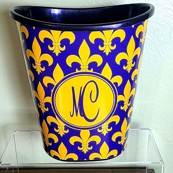 Small Fleur-de-lis Trash Can with Initials "MC" on the Front in Purple & Gold - Picture 1 of 5